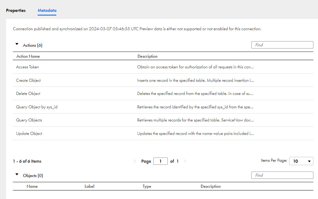 The image shows the ServiceNow actions and objects within the Metadata tab of a ServiceNow connection.