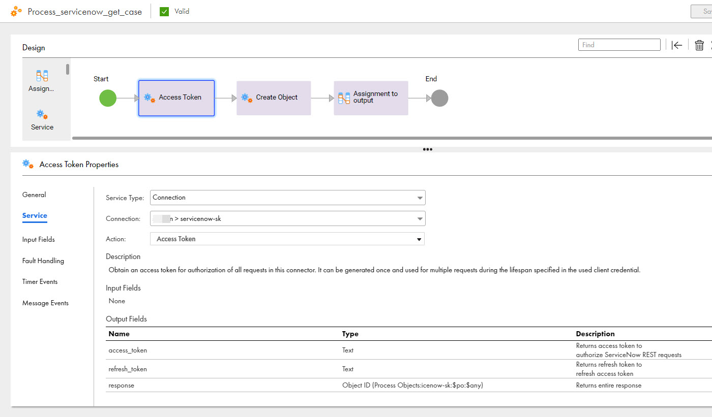 The image shows the Action Token object that is used in the process to authorize the ServiceNow REST requests and other connection requests.