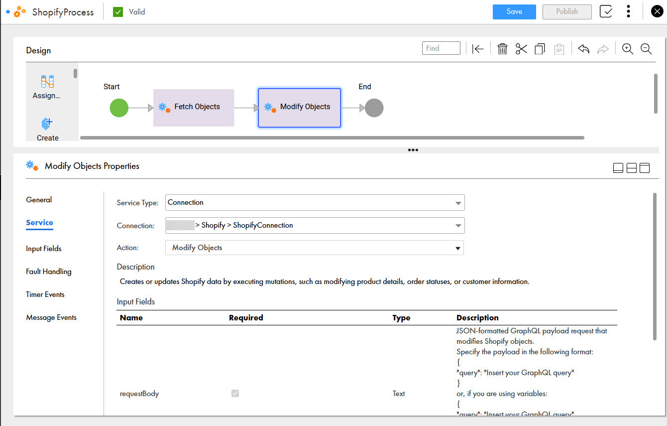 The image shows the Modify Objects action that is used in a process to create or update Shopify data by executing mutations, such as modifying product details, order statuses, or customer information.