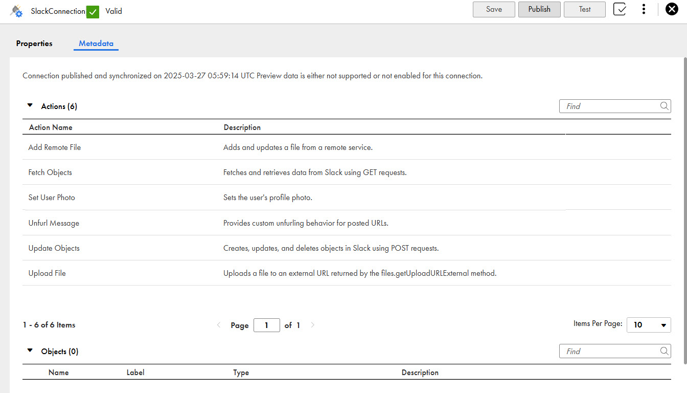 The image shows the Metadata tab for a published Slack connection.