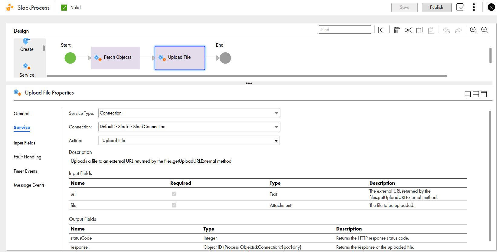 The image shows the Upload File action that is used in a process to upload a file to an external URL returned by the files.getUploadURLExternal method.