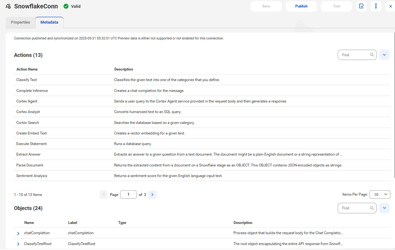 The image shows the Metadata tab for a published Snowflake Cortex AI connection.