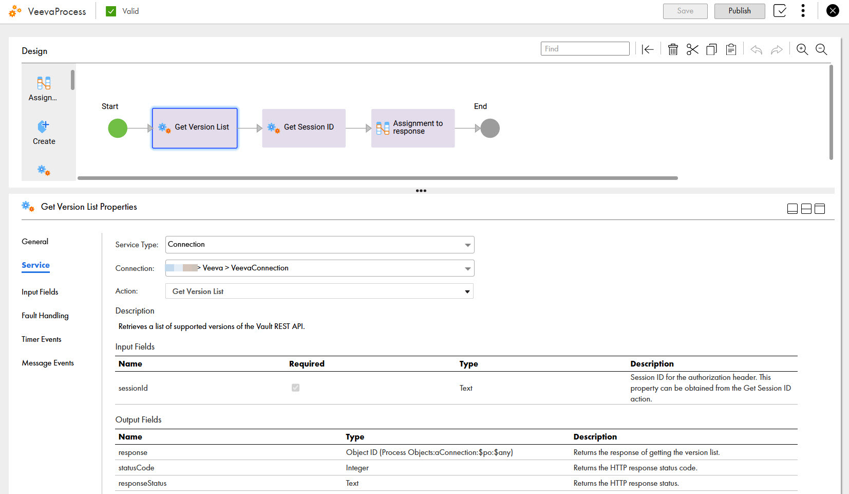 The image shows the Get Version List action that is used in a process to retrieve a list of supported versions of the Vault REST API.