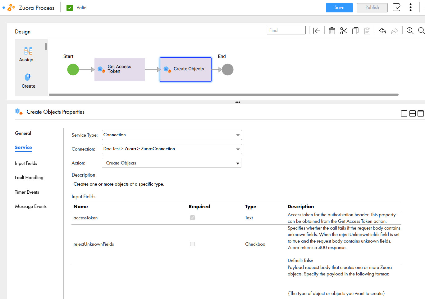 The image shows the Create Objects action that is used in a process to create one or more objects of a specific type.