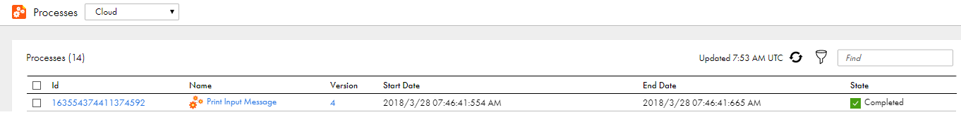This image shows the Processes page of the Application Integration Console with the Process ID, name, version, start date, end date and status. The process status is Completed.