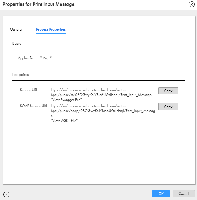 This image shows the Service URL and SOAP Service URL for the process.