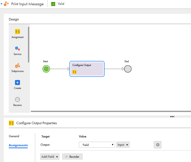 This image shows the Assignment step of the process. The Output field is assigned the value Field > Input.