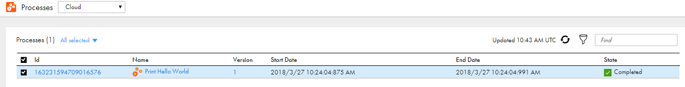 This image shows the Processes page of the Application Integration Console with the Process ID, name, version, start date, end date and status. The process status is Completed.