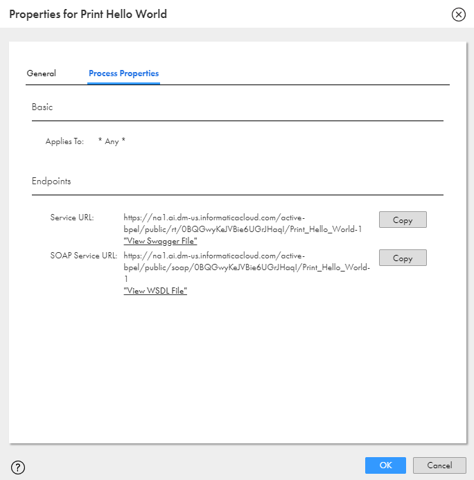 This image shows the Service URL and SOAP Service URL for the process.