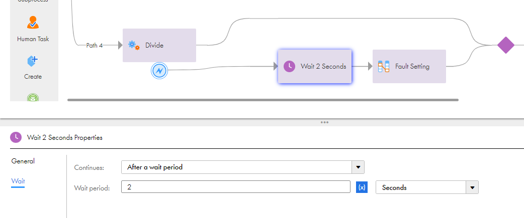 This image shows the Wait step properties section and a part of the canvas. The Wait step is set to two seconds.