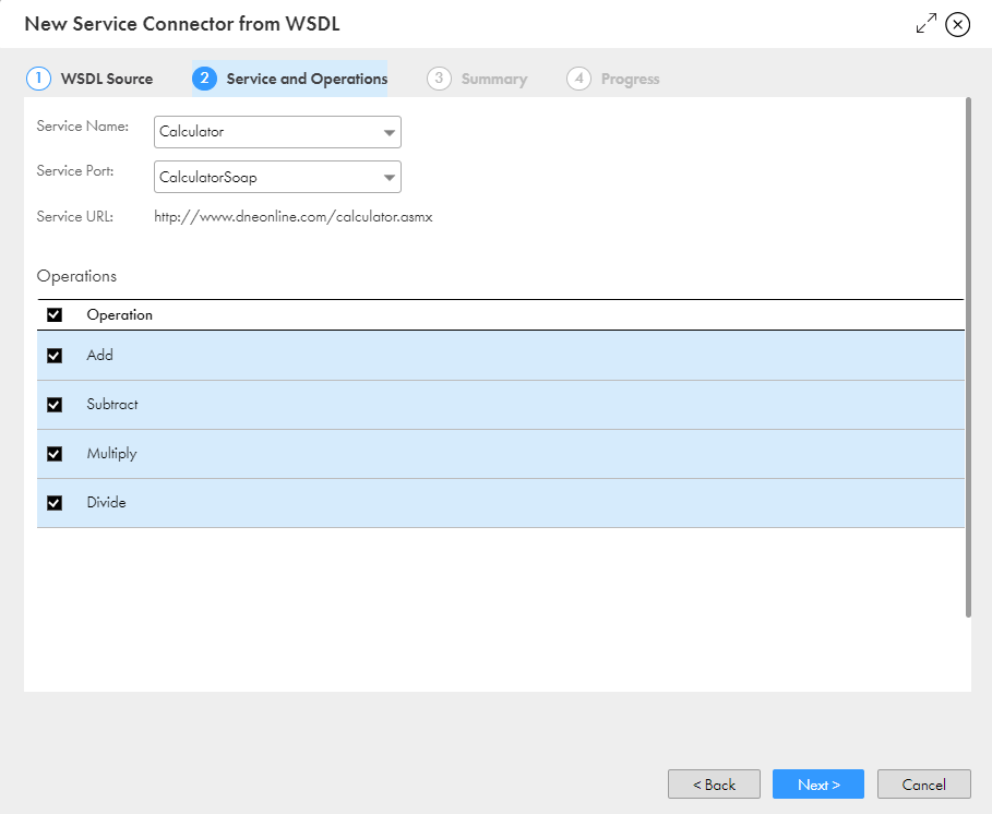 This image shows the Add, Subtract, Multiply, and Divide operations available with the calculator service. The Service Port and Service URL are also visible.