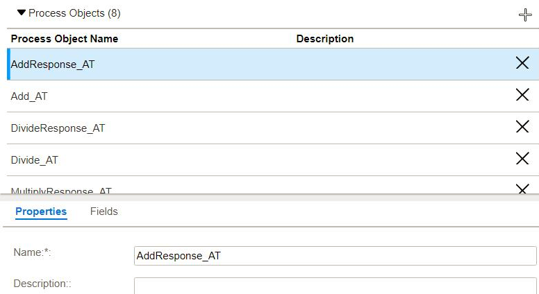 This image shows the Process Objects tab containing a list of process objects for the Calculator service. Each process object has a section for Properties and Fields.