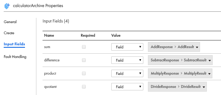 The image shows the Create step properties. The Input Fields tab is selected and you see the sum, difference, product, and quotient fields.