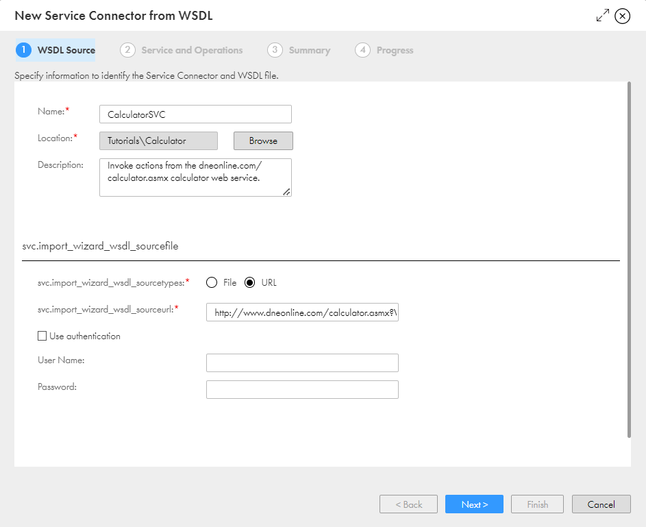 This image shows the WSDL Source tab of the New Service Connector from WSDL dialog box. The Name, Location, Description, and WSDL Source fields are complete.