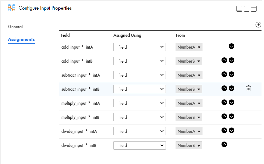 This image shows the properties section of the Configure Input step. The Assignments tab is selected and eight fields are assigned the value of NumberA or NumberB.