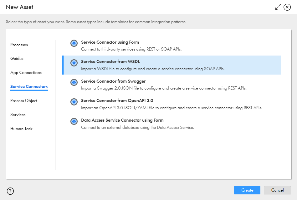 This image shows the New Asset dialog box with Service Connector > Service Connector Patterns > Create from WSDL highlighted and a Create option.