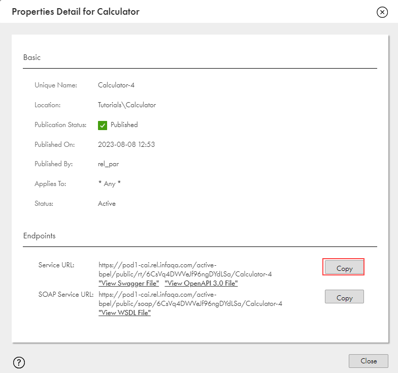 This image shows the Process Properties window with the SOAP URL and Service URL of the process.