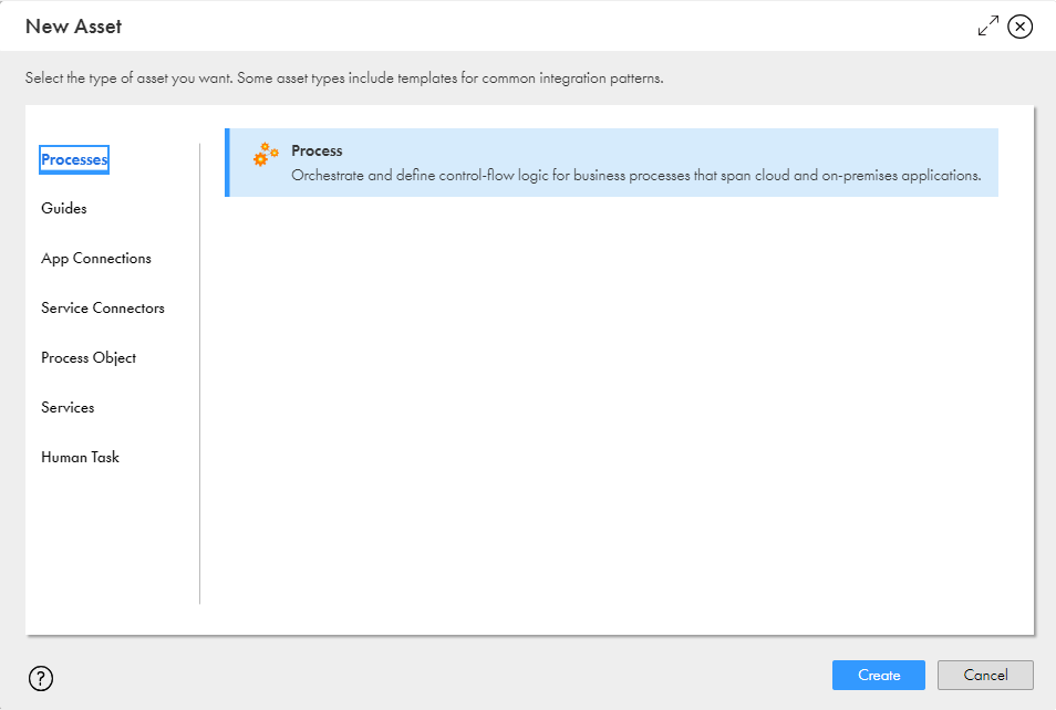 This image shows the New Asset dialog box with Process highlighted and a Create option.