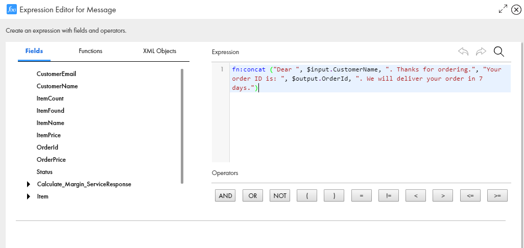 The image shows the Expression Editor with the Concat XQuery expression you entered.