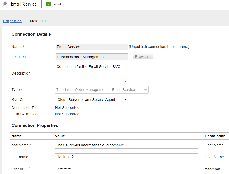 This image shows all properties for the Email-Service connection.