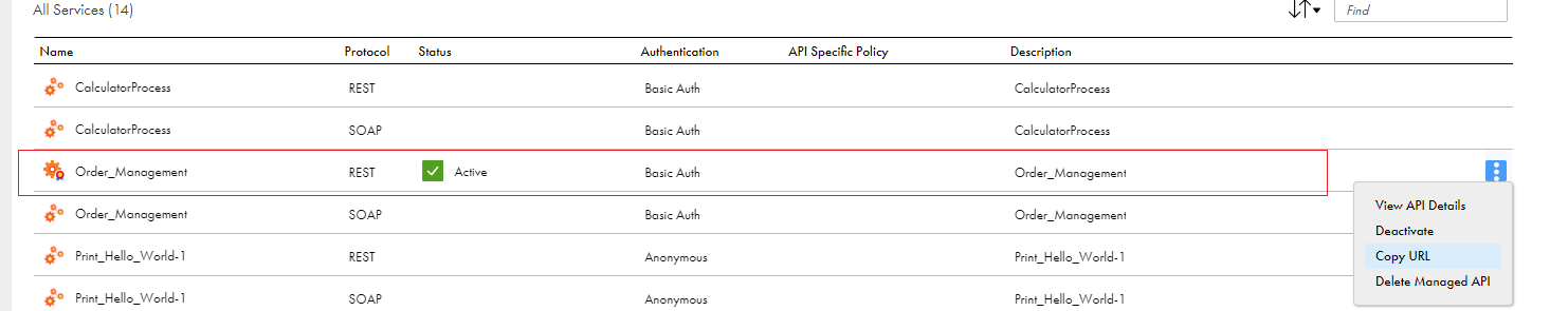 This image shows that the Order Management REST API is in the Active state.