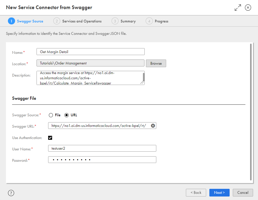 This image shows the Swagger Source tab of the New Service Connector from Swagger dialog box. All fields are complete.
