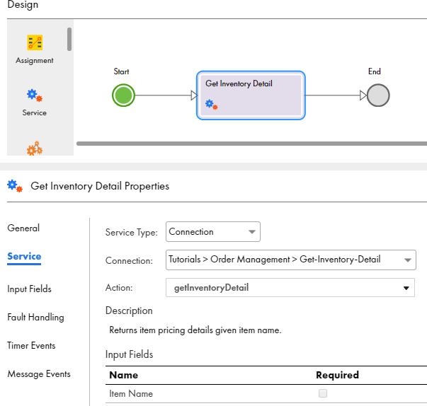 This image shows the canvas with a Service step in between the Start and End steps. The Service tab is highlighted and the getInventoryDetail action is visible.