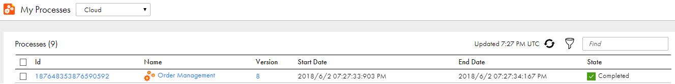 This image shows the process instance on the My Processes page. The process instance is in the Completed state,