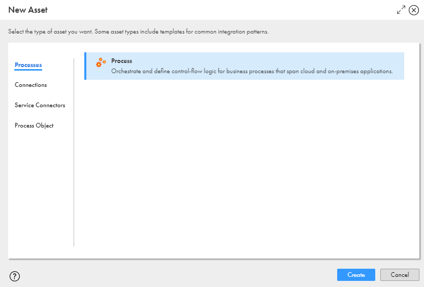 This image shows the New Asset dialog box with Process highlighted and a Create option.