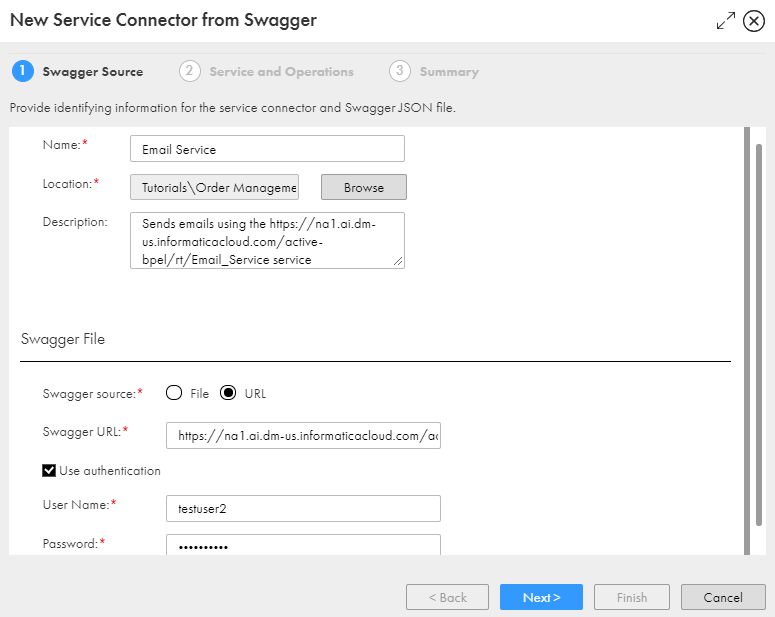 This image shows the Swagger Source tab of the New Service Connector from Swagger dialog box. All fields are complete.