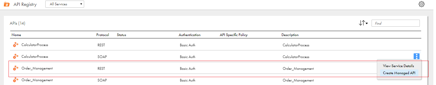 This image shows the API Registry page. There is a list of APIs along with their Protocol, Status, Authentication, API Specific Policy and Description.