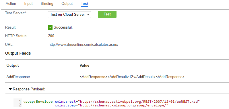 この図は、サービスコネクタの［テスト］タブを示します。加算アクションのテストが正常に行われました。結果12が表示されます。