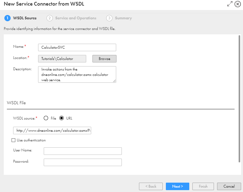 この図は、［WSDLからの新規サービスコネクタ］ダイアログボックスの［WSDLソース］タブを示します。［名前］、［プロジェクト］、［説明］、および［WSDLソース］の各フィールドに値が指定されています。