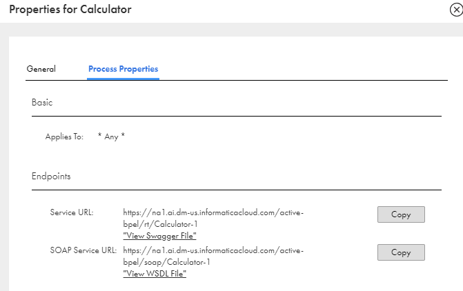 この図は、プロセスのSOAP URLとサービスURLが表示された［プロセスのプロパティ］ウィンドウを示します。