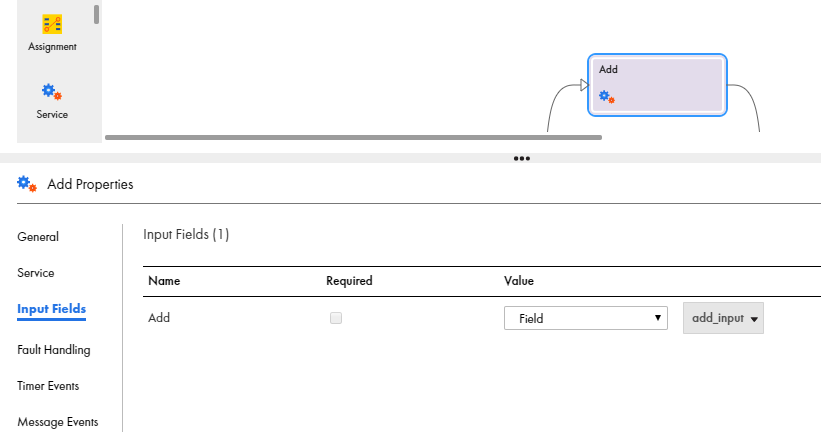 この図は、加算サービスステップのプロパティセクションを示します。1つの入力フィールドadd_inputが表示されます。