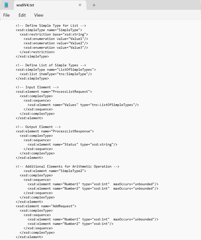 この画像は、WSDLファイル内の単純型のリストを使用して設定されたオブジェクトを示しています。