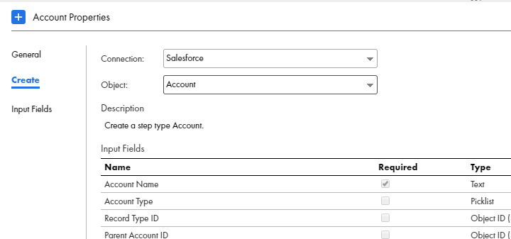 この図は、［作成］タブでSalesforceアカウントが選択されている状態を示します。