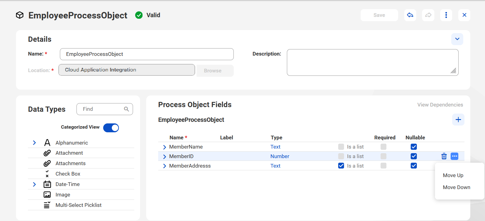 この画像は、［MemberName］、［MemberID］、および［MemberAddress］という3つのフィールドを含んだ［Employee］プロセスオブジェクトを示しています。