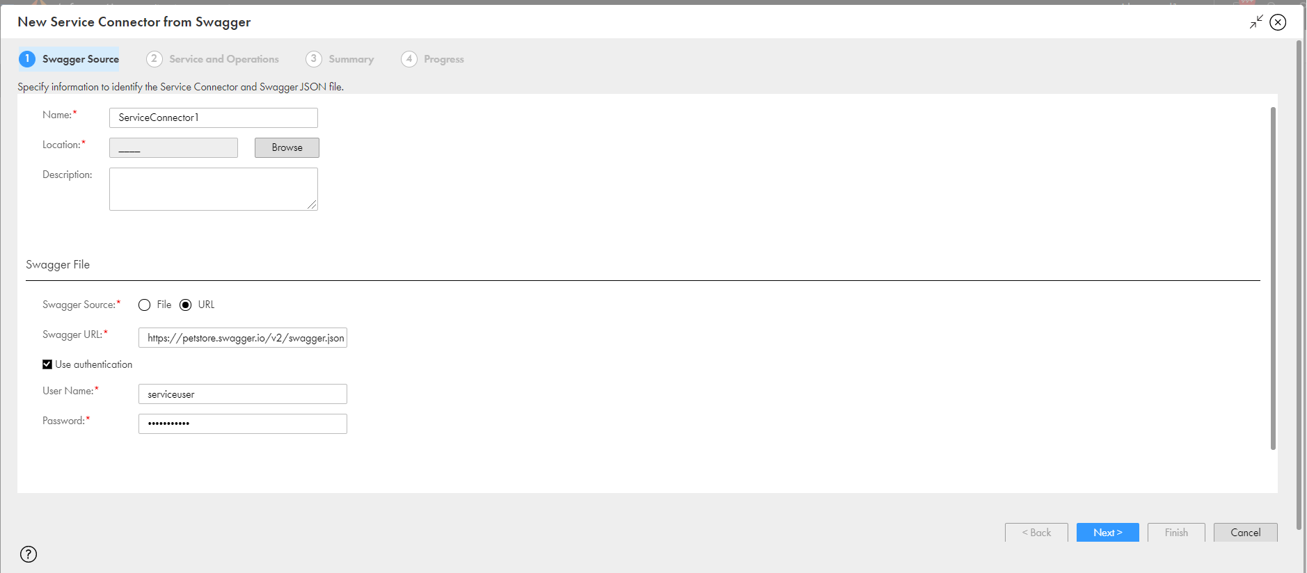 この図は、［Swaggerからの新規サービスコネクタ］ダイアログボックスの［Swaggerソース］タブを示しています。