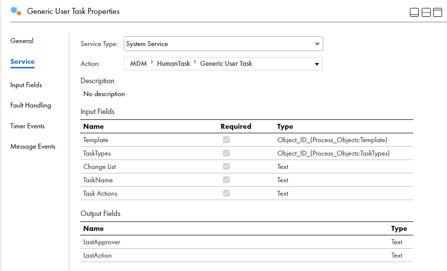 この図は、汎用ユーザータスク用に設定できる入力フィールドと出力フィールドを示しています。 この図は、汎用ユーザータスク用に設定できる入力フィールドと出力フィールドを示しています。