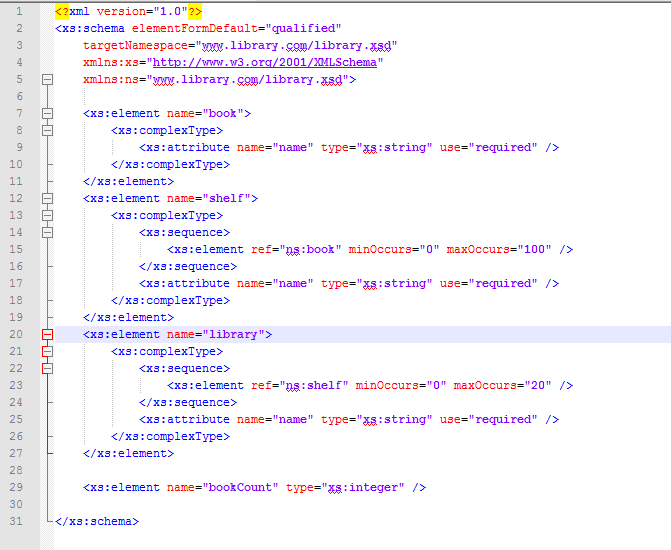 これは、WSDLスキーマファイルの図です。ここでは、book、shelf、およびlibraryの要素が定義されています。