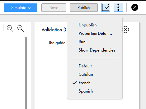 この図は、アクションリストで使用可能な言語のうち、フランス語が選択されていることを示します。