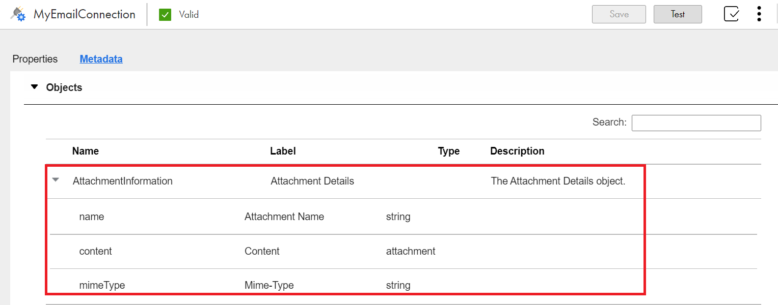 この図は、name、content、およびmimeTypeフィールドを持つAttachmentInformationオブジェクトを示しています。
