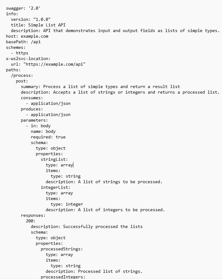 この画像は、Swagger JSONファイル内の単純型のリストで設定されたオブジェクトを示しています。