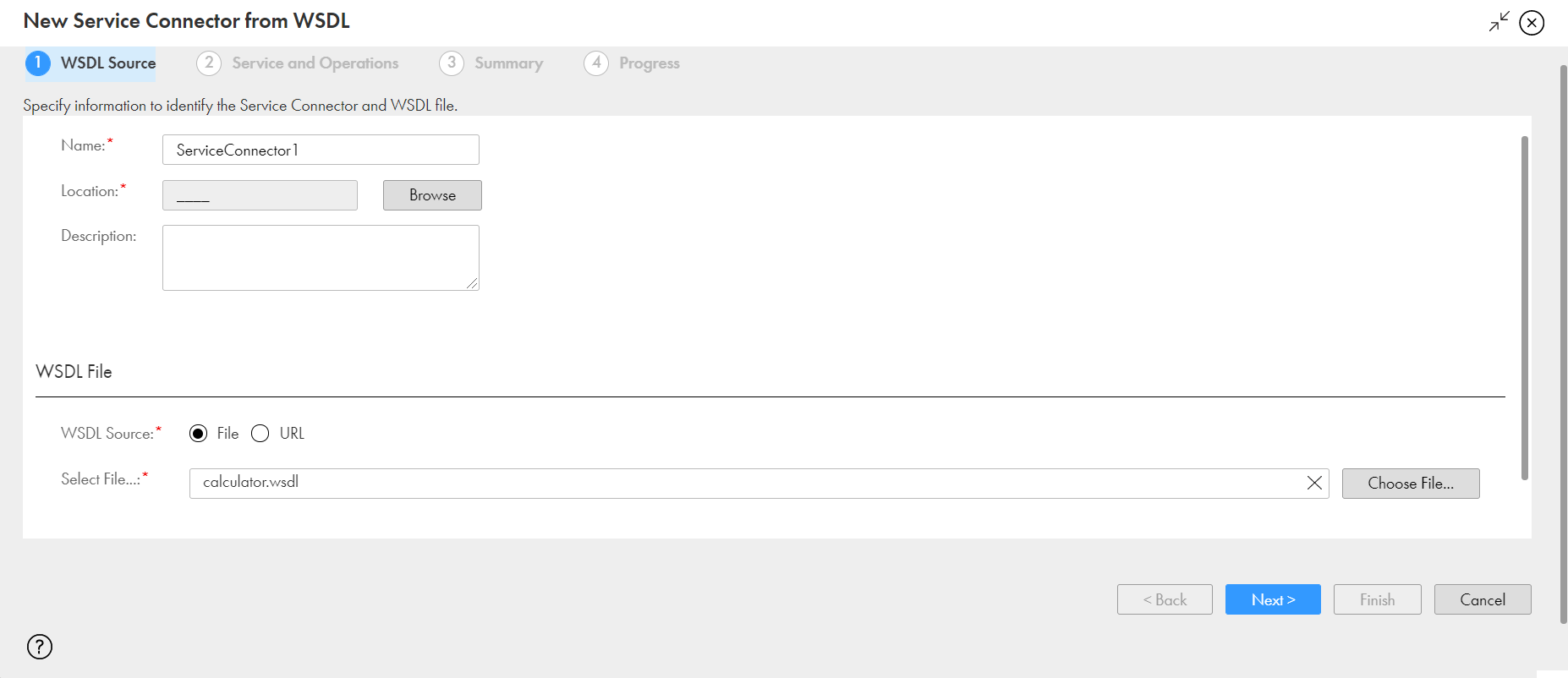 この図は、［WSDLからの新規サービスコネクタ］ダイアログボックスの［WSDLソース］タブを示します。
