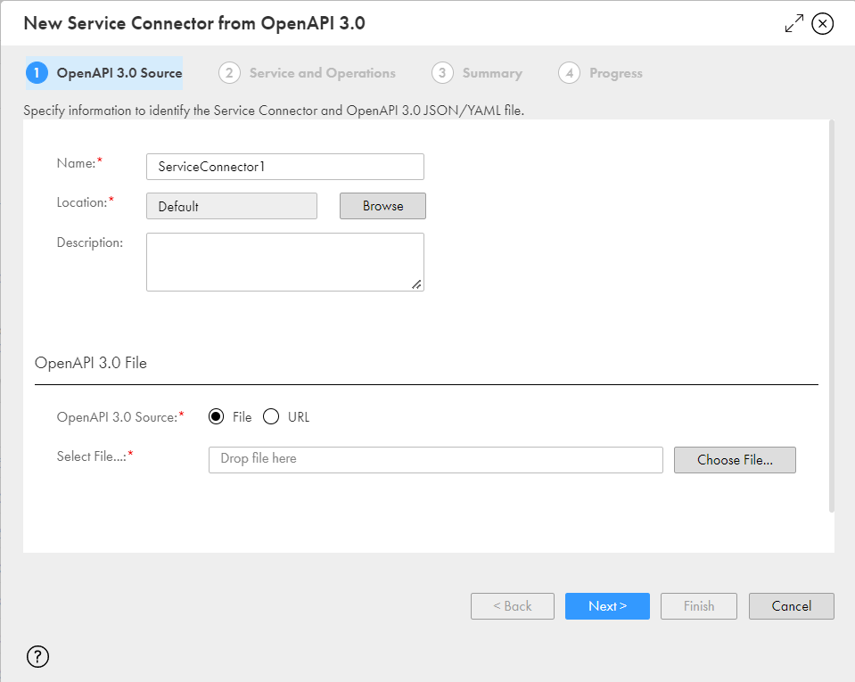 この図は、［OpenAPI 3.0からの新規サービスコネクタ］ダイアログボックスの［OpenAPI 3.0ソース］タブを示しています。