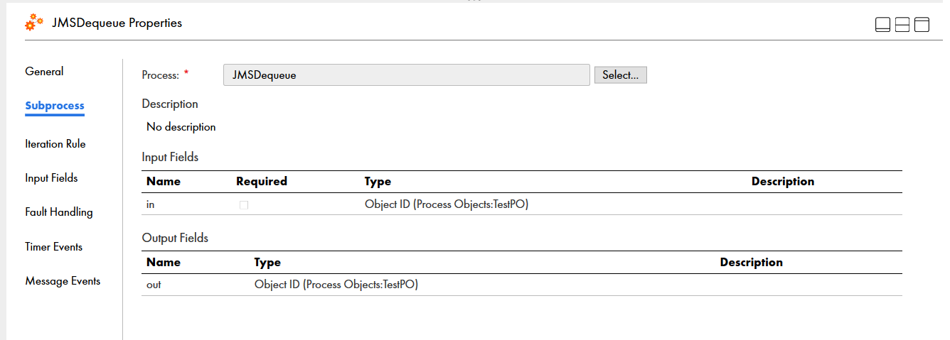JMSキュー削除サブプロセスの入力および出力関連フィールドを表示できます。