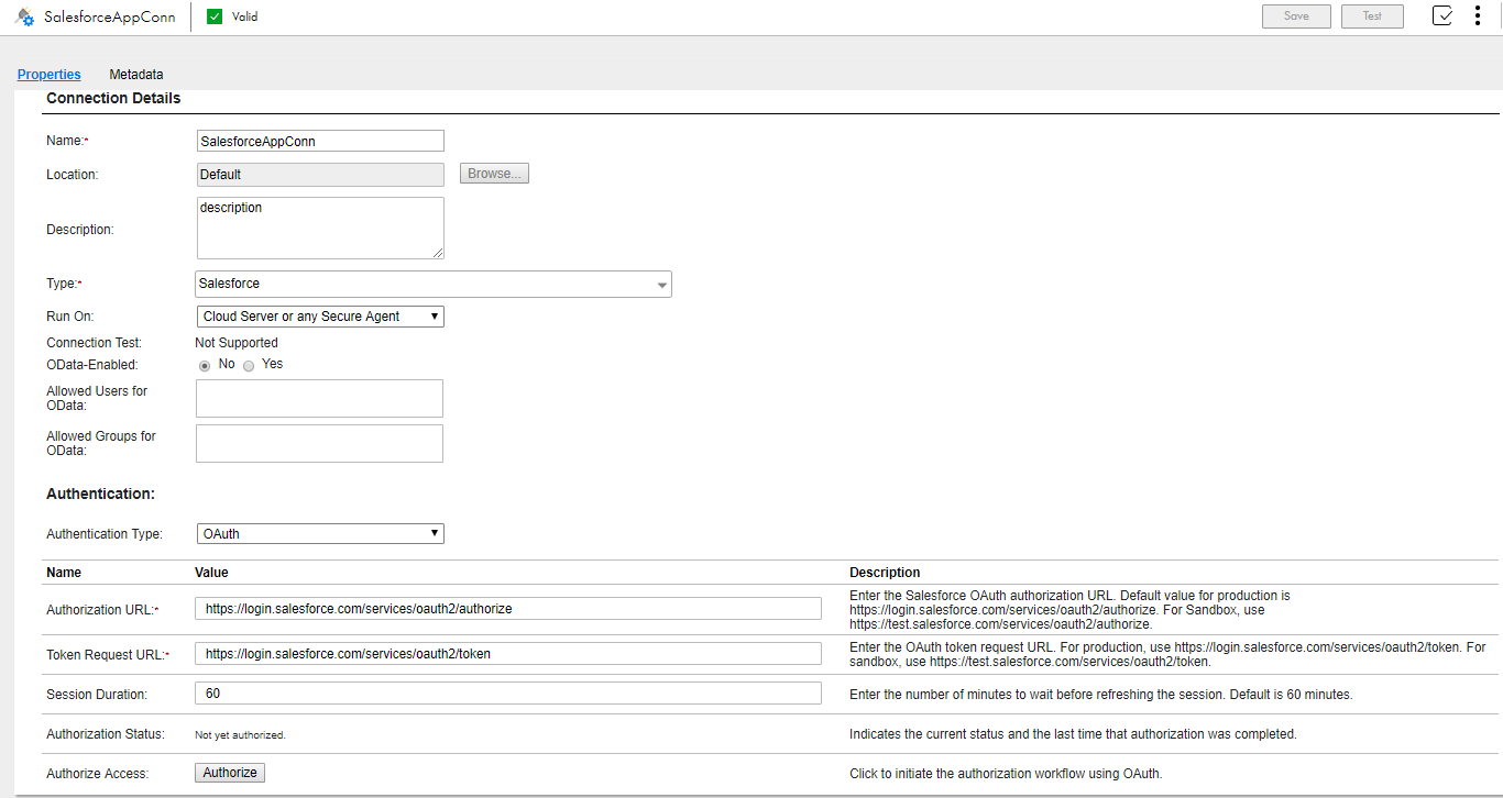 この図は、Salesforce接続の接続プロパティを示しています。