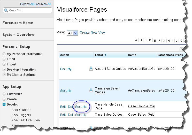 ［セキュリティ］が強調表示された状態のVisualforceページ