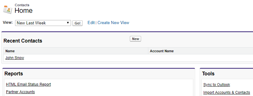 この図は、Salesforceの連絡先オブジェクトの［ホーム］ページを示しています。最近使用した連絡先のリストに1つの連絡先が表示されています。